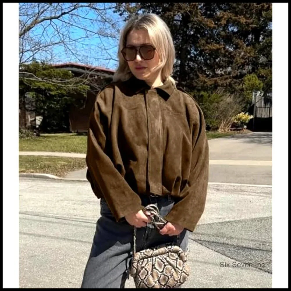 Faux Suede Bomber Jacket Oversized Lapel Long Dolman Sleeves Streetwear Chic - Picture 3 of 7